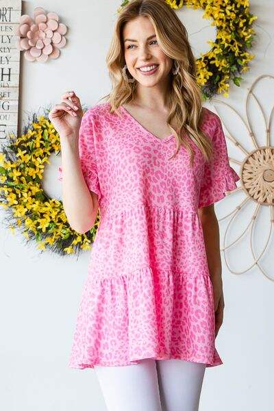 Heimish Full Size Leopard Ruffle Trim Short Sleeve Top - Trendsi - Flyclothing LLC