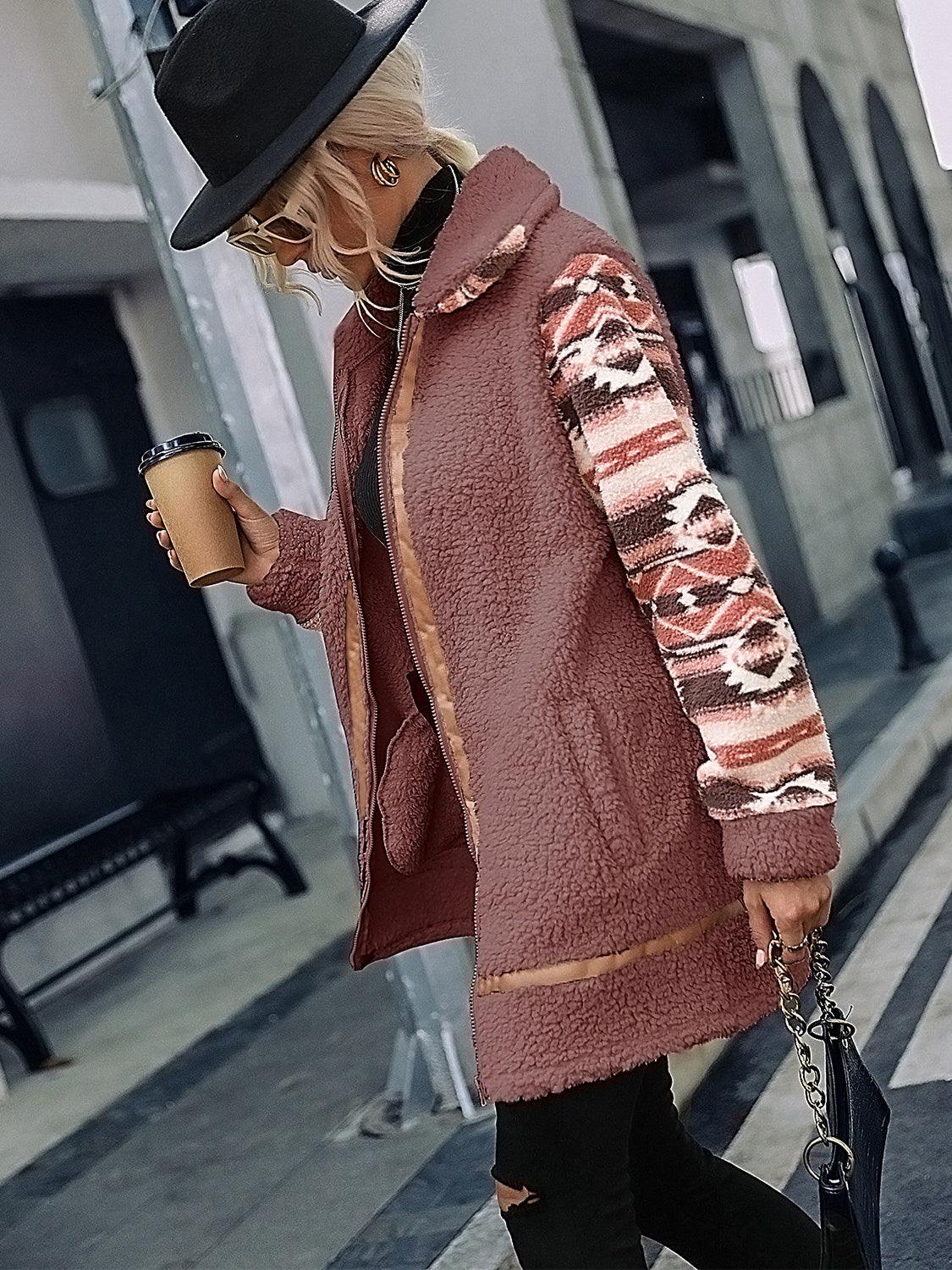 Geometric Zip-Up Collared Sherpa Jacket - Trendsi