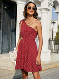 Grid One-Shoulder Tied Cutout Dress - Trendsi - Flyclothing LLC
