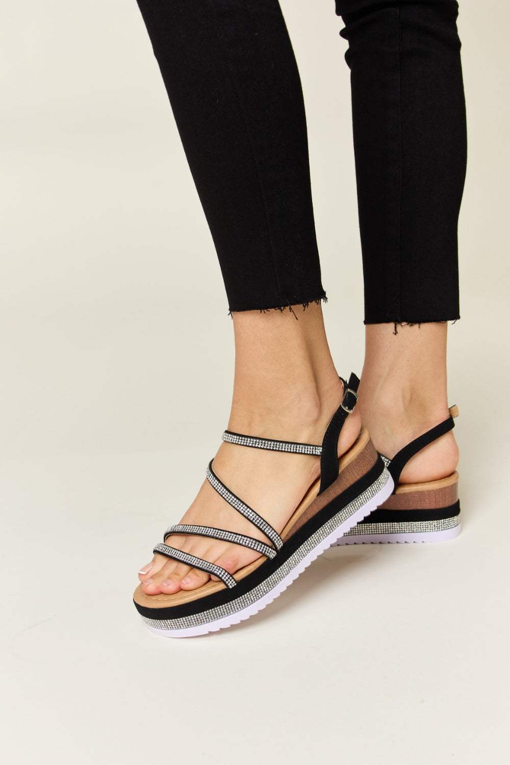 Forever Link Rhinestone Strappy Wedge Sandals - Trendsi - Flyclothing LLC