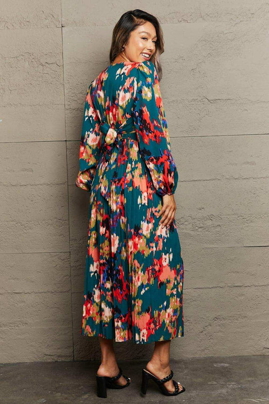 Printed Deep V Slit Pleated Dress - Trendsi - Flyclothing LLC