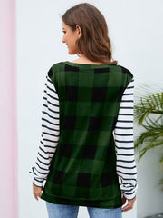 Plaid Striped Round Neck Long Sleeve T-Shirt - Trendsi