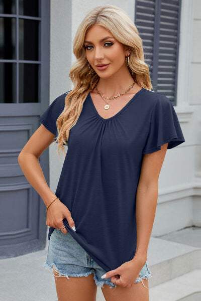 V-Neck Flutter Sleeve T-Shirt - Trendsi - Flyclothing LLC