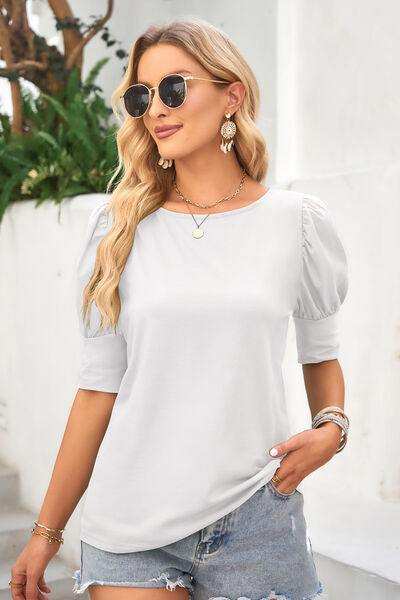 Round Neck Lantern Sleeve Blouse - Trendsi - Flyclothing LLC