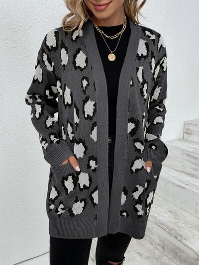 Leopard Open Front Dropped Shoulder Cardigan - Trendsi