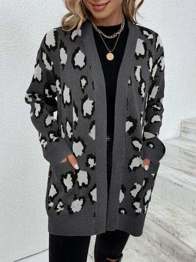 Leopard Open Front Dropped Shoulder Cardigan - Trendsi - Flyclothing LLC