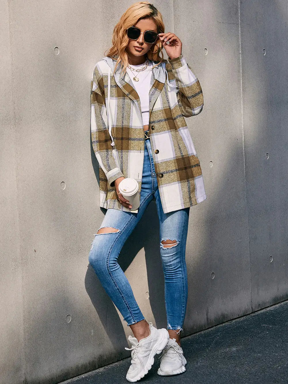 Plaid Dropped Shoulder Hooded Jacket - Trendsi - Flyclothing LLC