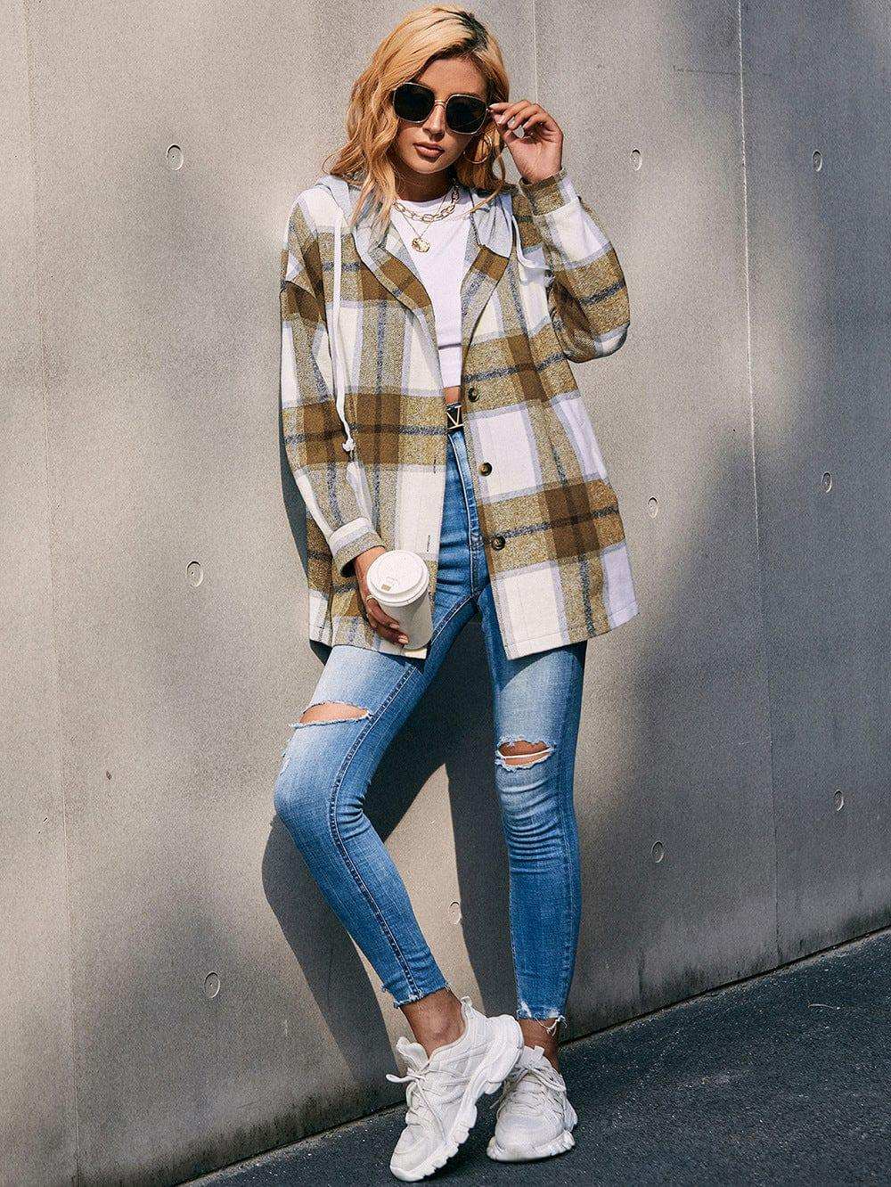 Plaid Dropped Shoulder Hooded Jacket - Trendsi - Flyclothing LLC