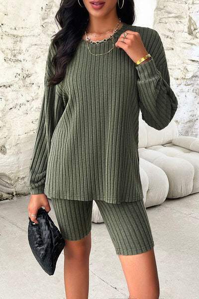 Ribbed Round Neck Dropped Shoulder Top and Shorts Set - Trendsi - Flyclothing LLC