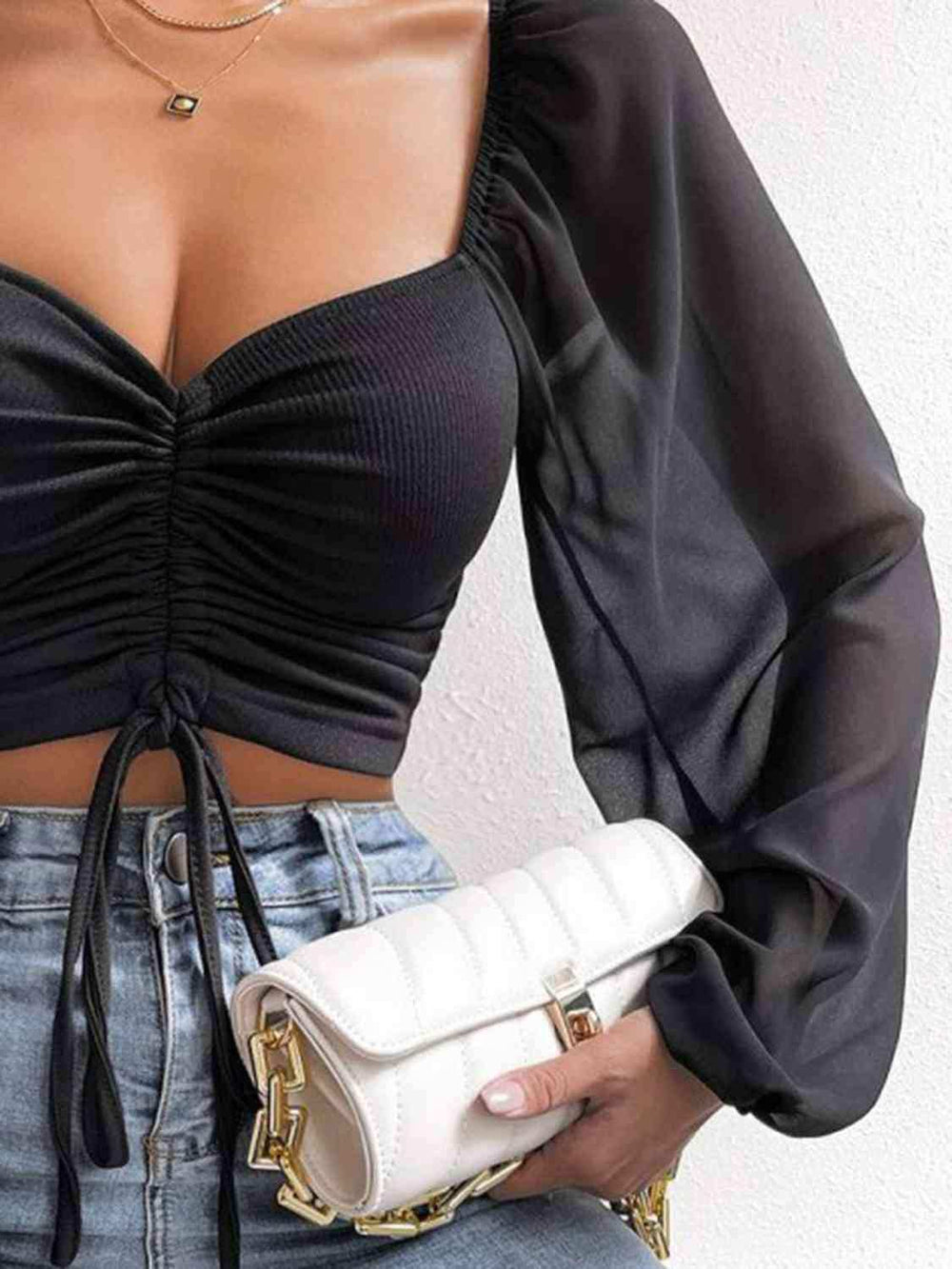 Drawstring Sweetheart Neck Cropped Top - Trendsi - Flyclothing LLC