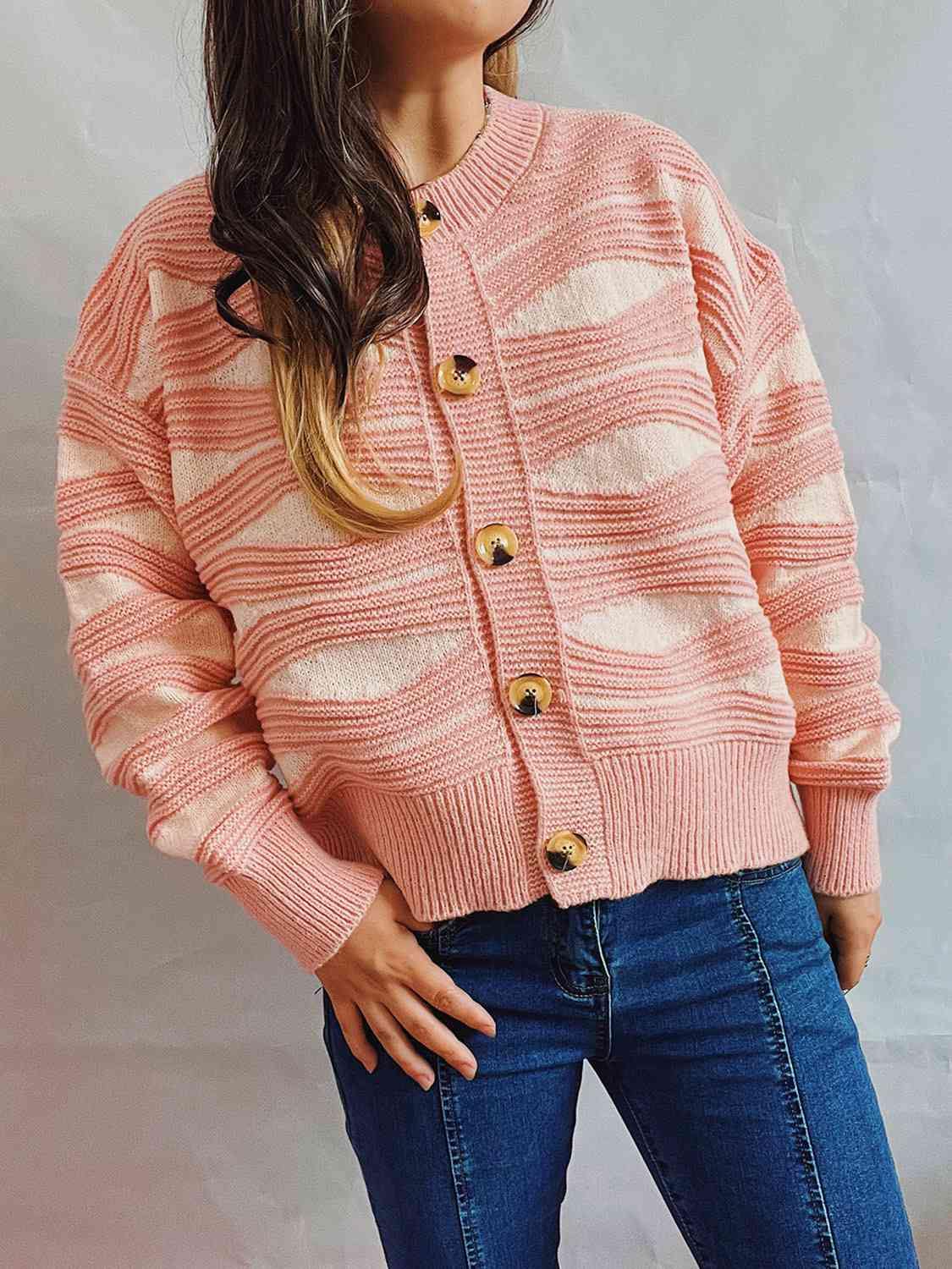 Color Block Button Front Cardigan - Trendsi