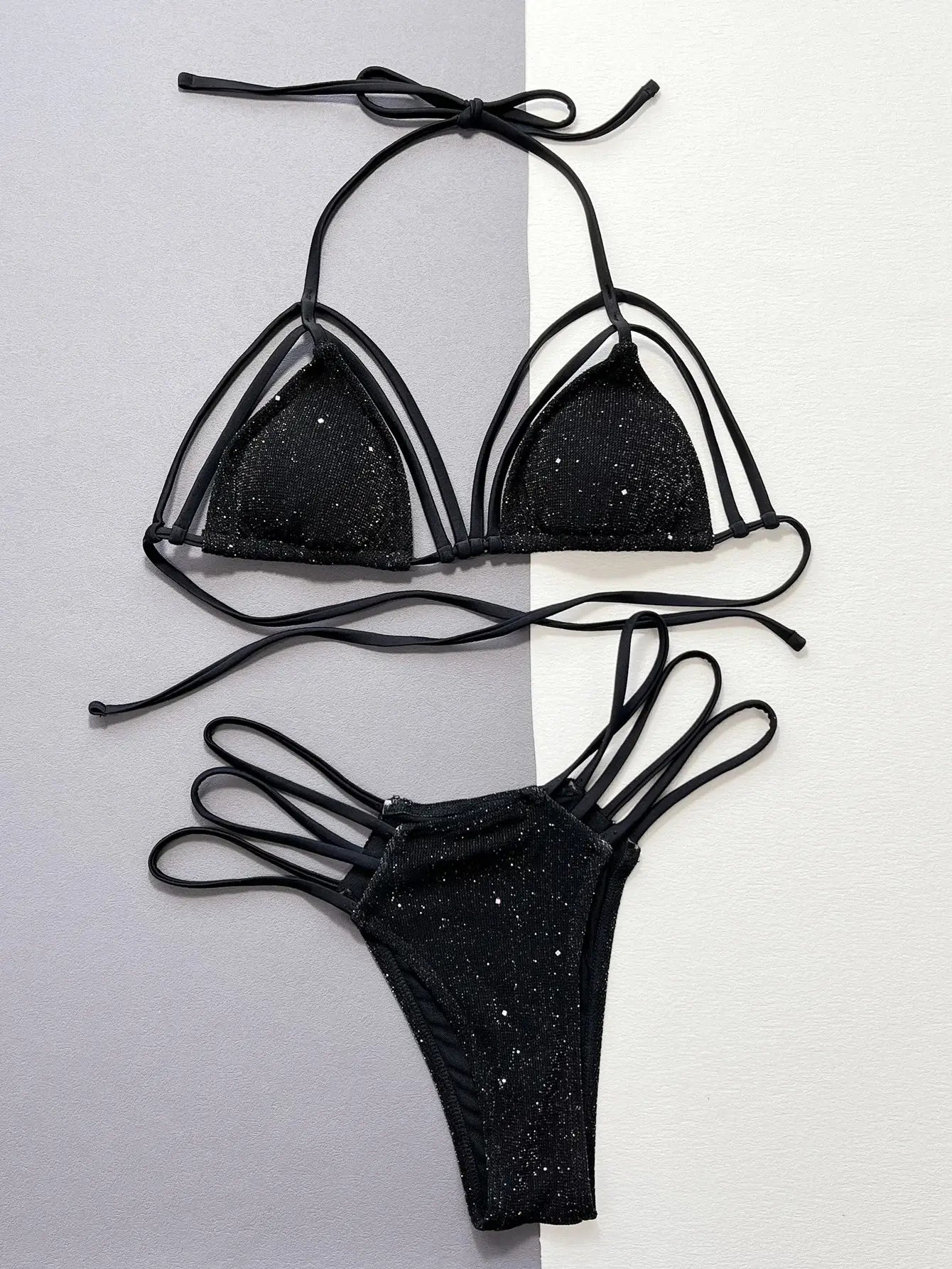 Glitter Halter Neck Strappy Two-Piece Bikini Set - Trendsi - Flyclothing LLC