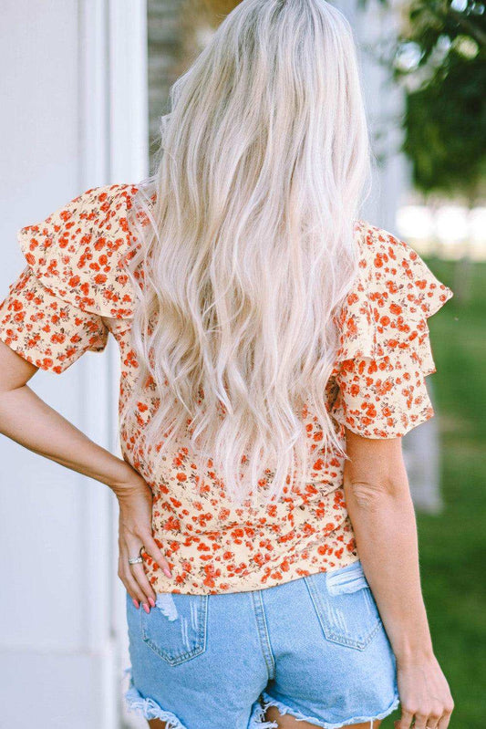 Floral Round Neck Flutter Sleeve Blouse - Trendsi - Flyclothing LLC