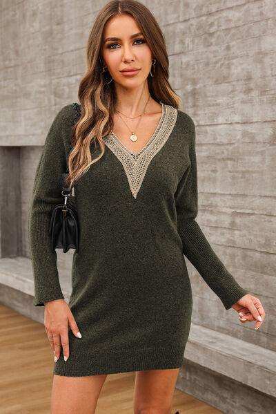 V-Neck Long Sleeve Mini Sweater Dress - Trendsi - Flyclothing LLC