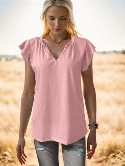 Ruffled Notched Cap Sleeve Tank - Trendsi - Flyclothing LLC