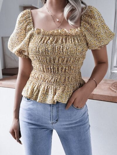 Frill Smocked Square Neck Short Sleeve Blouse - Trendsi