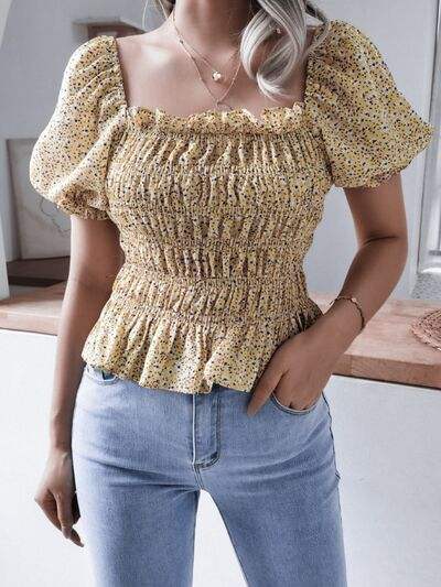 Frill Smocked Square Neck Short Sleeve Blouse - Trendsi - Flyclothing LLC