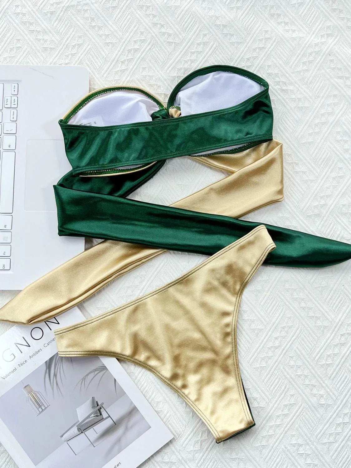 Two-Tone Ring Detail Tied Bikini Set - Trendsi - Flyclothing LLC