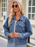 Pearl Detail Collared Neck Long Sleeve Denim Jacket - Trendsi - Flyclothing LLC