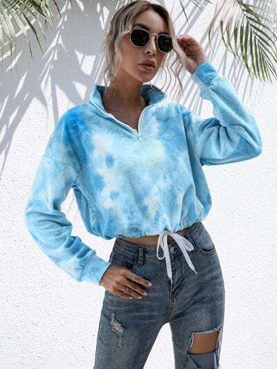 Tie-Dye Quarter Zip Dropped Shoulder Sweatshirt - Trendsi - Flyclothing LLC