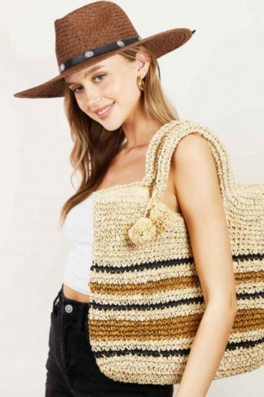 Fame Striped Straw Braided Tote Bag - Trendsi