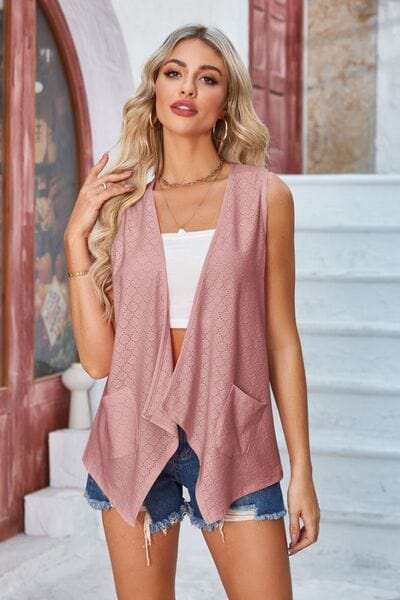 Eyelet Open Front Sleeveless Cardigan - Trendsi - Flyclothing LLC