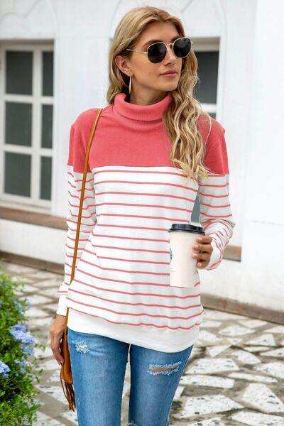 Striped Contrast Turtleneck Sweater - Trendsi - Flyclothing LLC