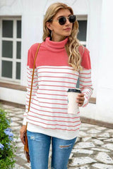 Striped Contrast Turtleneck Sweater - Flyclothing LLC