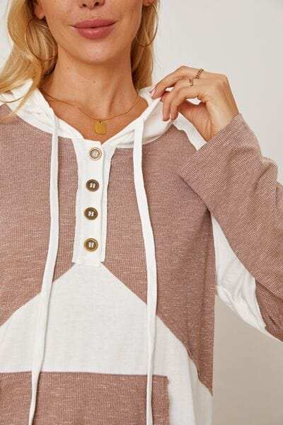 Color Block Drawstring Half Button Hoodie - Trendsi - Flyclothing LLC