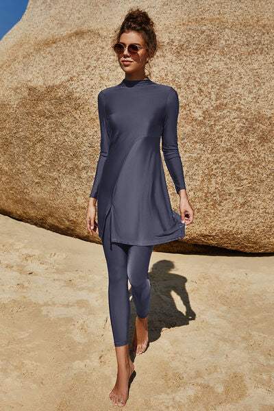 Slit Mock Neck Long Sleeve Top and Pants Swim Set - Trendsi - Flyclothing LLC