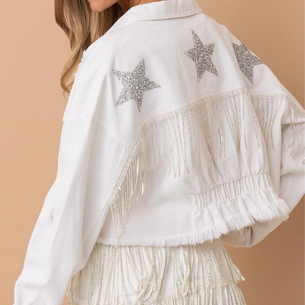 Distressed Raw Hem Dropped Shoulder Denim Jacket - Trendsi