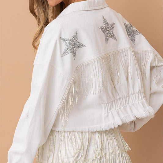Distressed Raw Hem Dropped Shoulder Denim Jacket - Trendsi