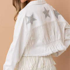 Distressed Raw Hem Dropped Shoulder Denim Jacket - Trendsi