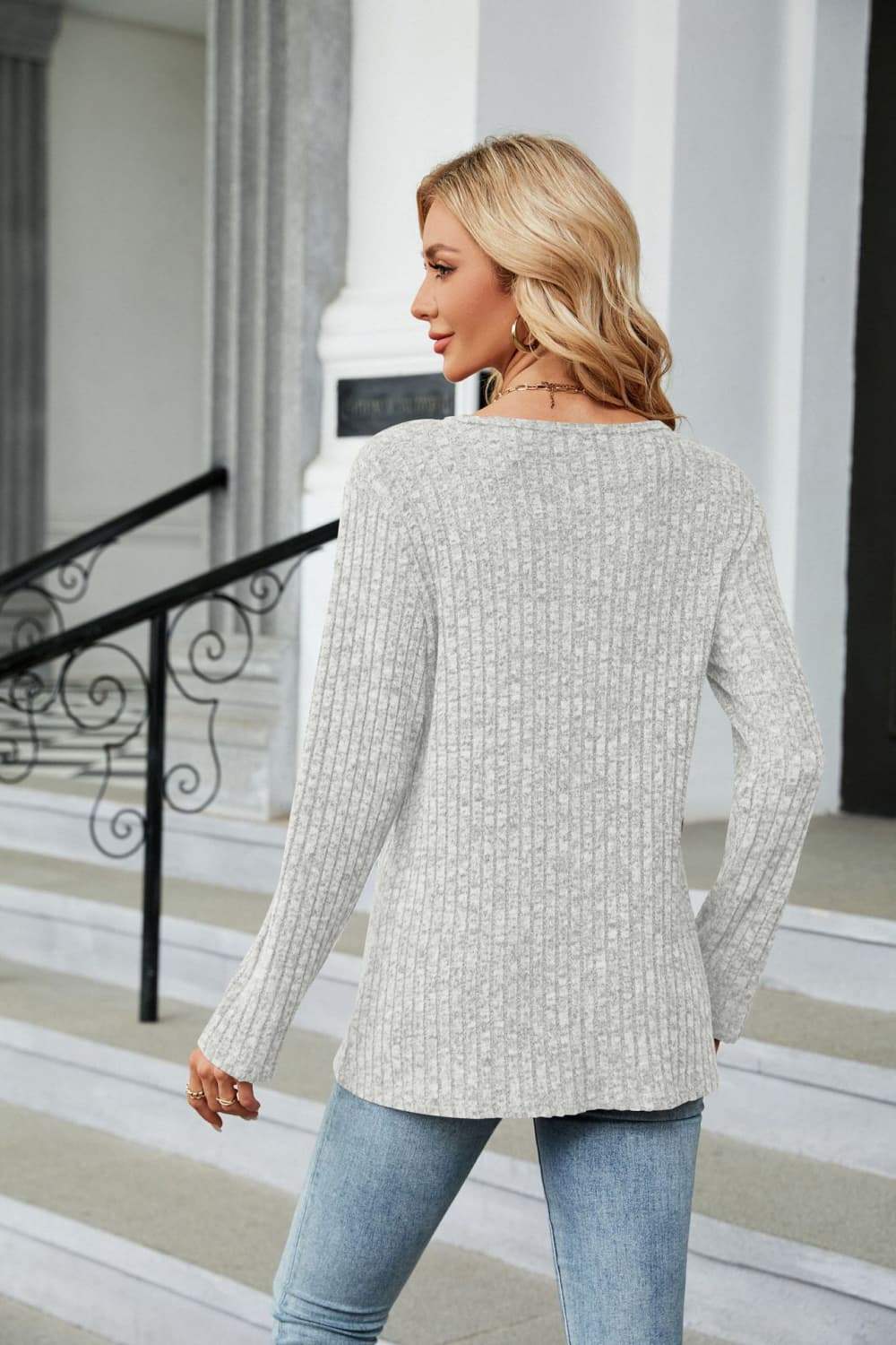 Buttoned Long Sleeve Slit Top - Trendsi - Flyclothing LLC