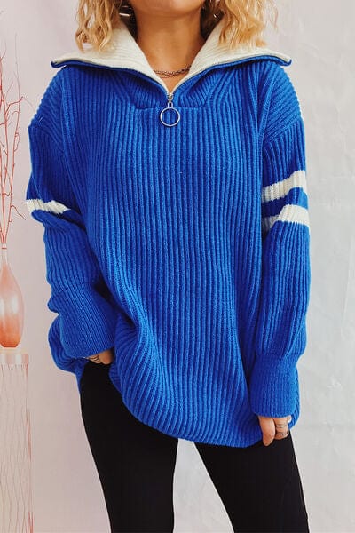 Quarter Zip Striped Dropped Shoulder Sweater - Trendsi