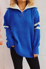 Quarter Zip Striped Dropped Shoulder Sweater - Trendsi