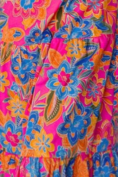 Printed V-Neck Cap Sleeve Pocketed Midi Dress - Trendsi - Flyclothing LLC