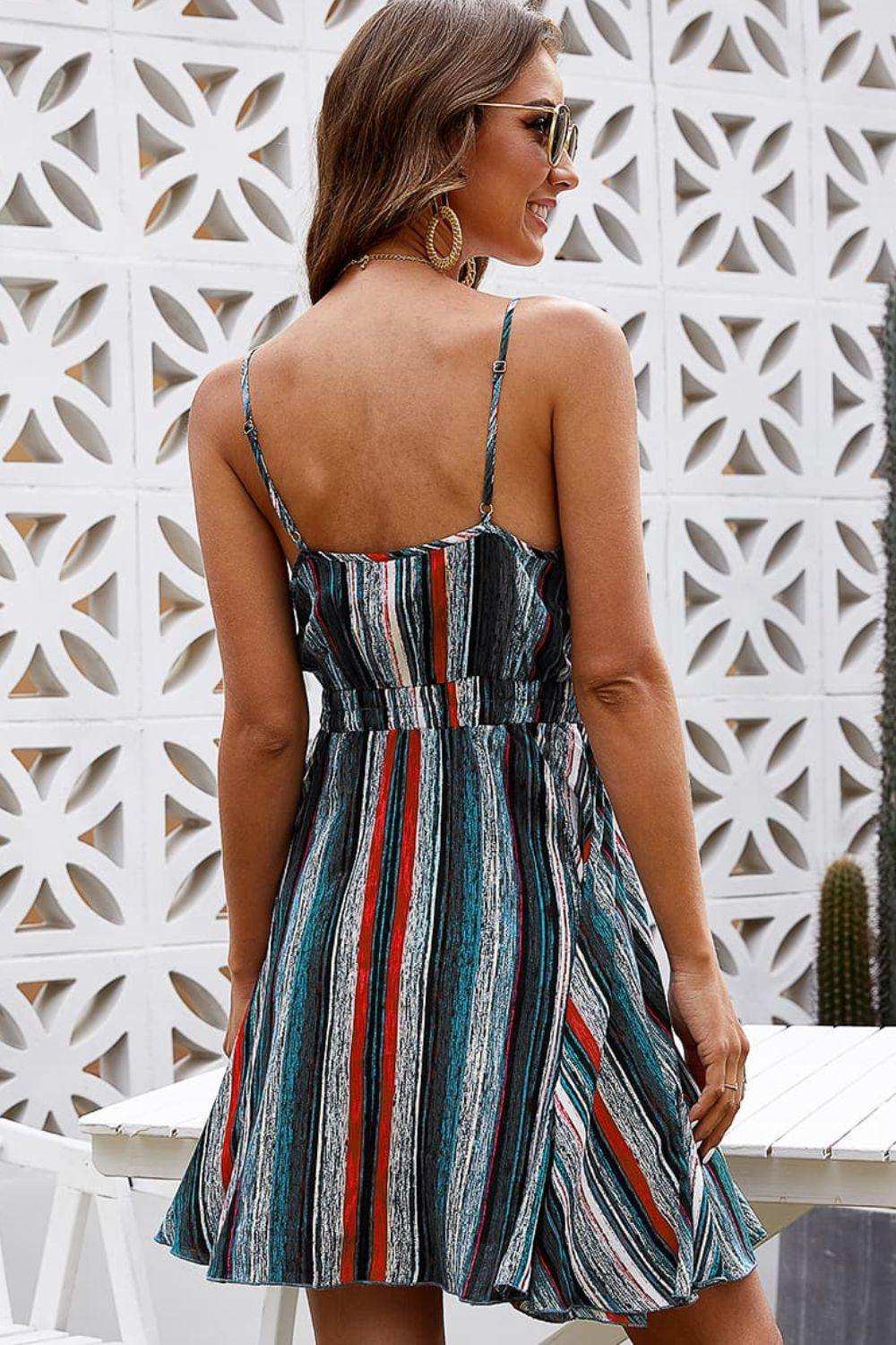 Striped Surplice Neck Spaghetti Strap Dress - Trendsi - Flyclothing LLC