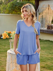 V-Neck Short Sleeve Top and Pocketed Shorts Lounge Set - Flyclothing LLC