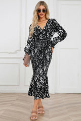 Printed V-Neck Smocked Midi Dress - Trendsi