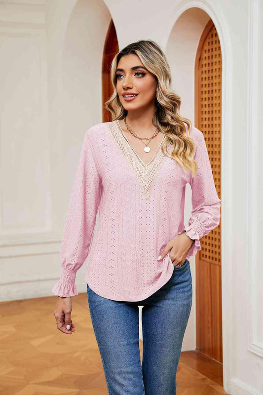 Contrast Flounce Sleeve Blouse - Trendsi