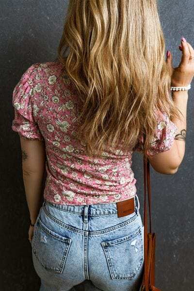 Ruched Printed Puff Sleeve Blouse - Trendsi - Flyclothing LLC