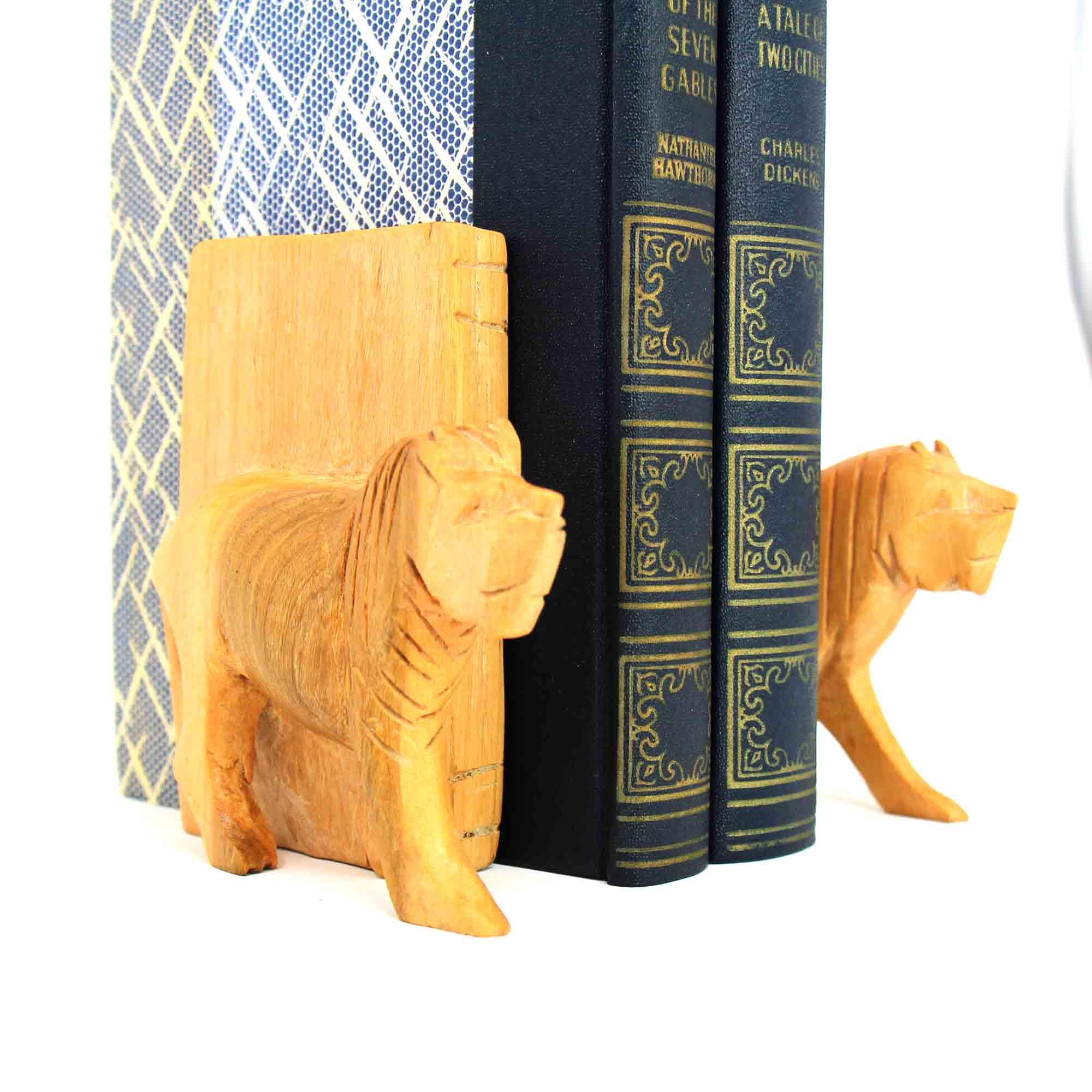 Carved Wood Lion Book Ends, Set of 2 - Flyclothing LLC