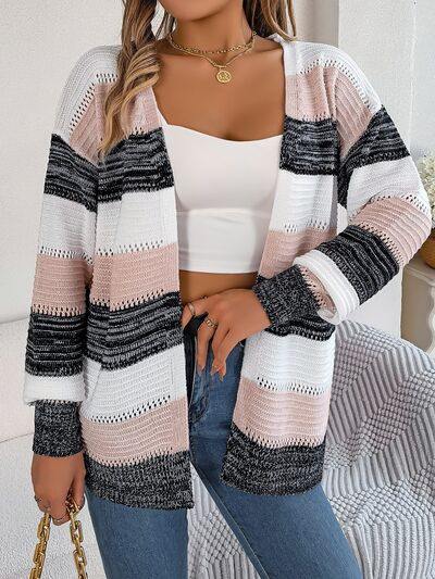 Openwork Striped Open Front Cardigan - Trendsi