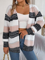 Openwork Striped Open Front Cardigan - Trendsi