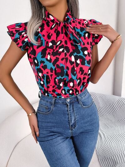 Leopard Tie Neck Cap Sleeve Blouse - Trendsi