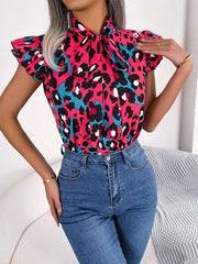 Leopard Tie Neck Cap Sleeve Blouse - Trendsi