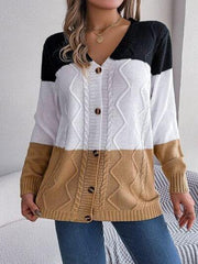 Cable-Knit Striped Button Up Cardigan - Trendsi