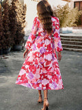 Printed V-Neck Long Sleeve Midi Dress - Trendsi - Flyclothing LLC