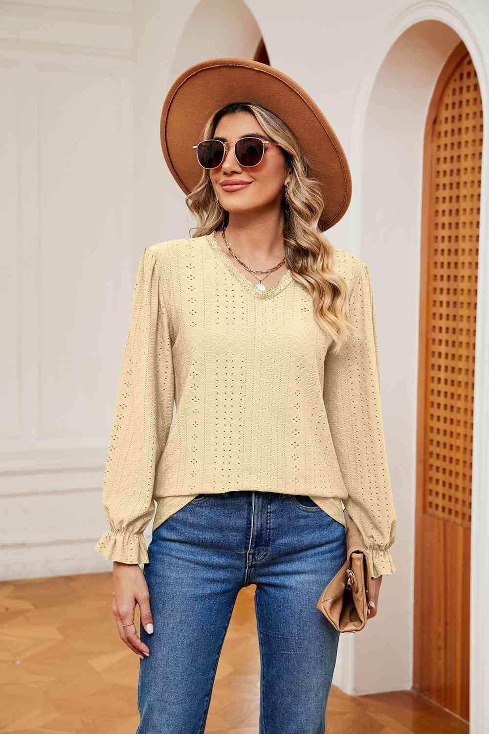 V-Neck Flounce Sleeve Blouse - Trendsi - Flyclothing LLC